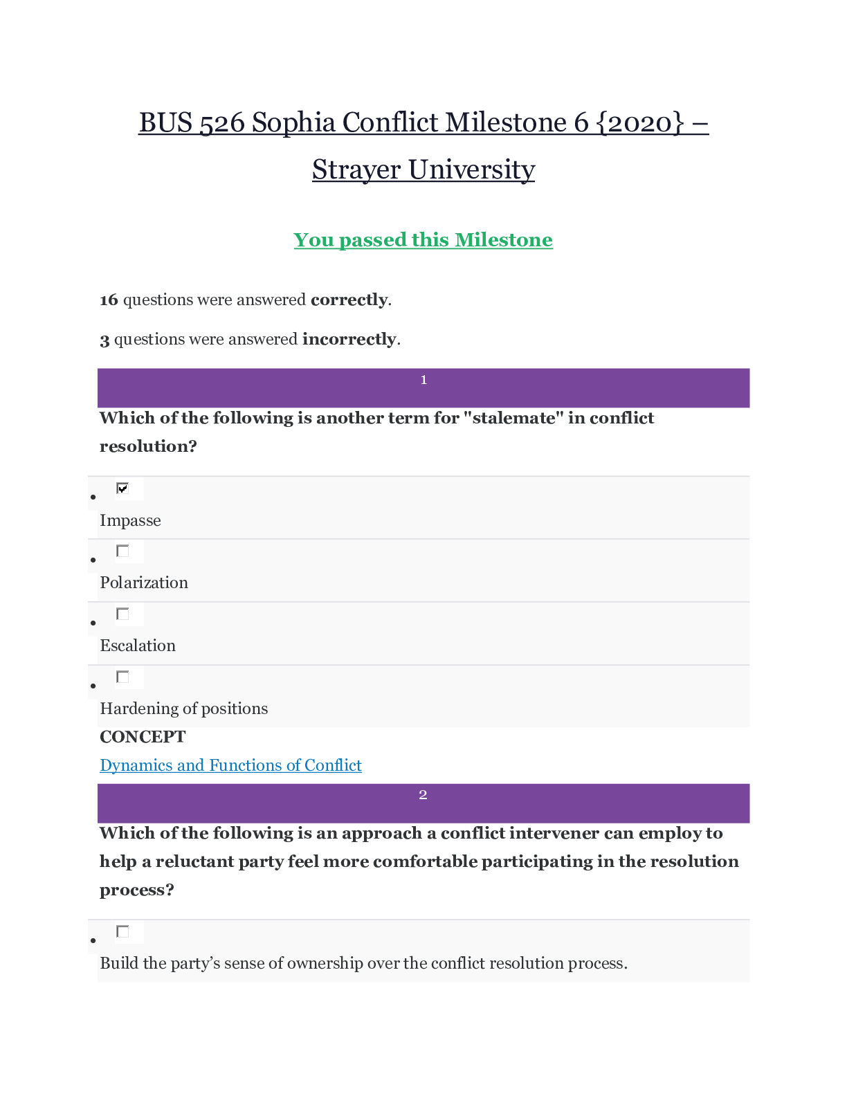 Preview image for BUS 526 Sophia Conflict Milestone 6 {2020} – Strayer University | BUS526 Sophia Conflict Milestone 6 {A Grade}